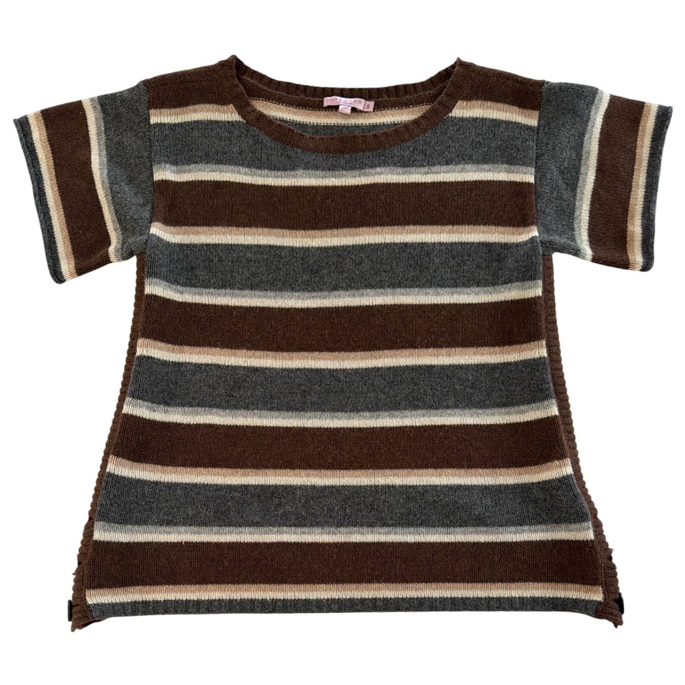 Calypso St. Barth 100% Cashmere Striped Short Sleeve Sweater Brown‎ Grey Small